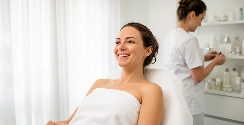 Femme souriante assise sur table de soin avec serviette autour des épaules dans une cabine moderne