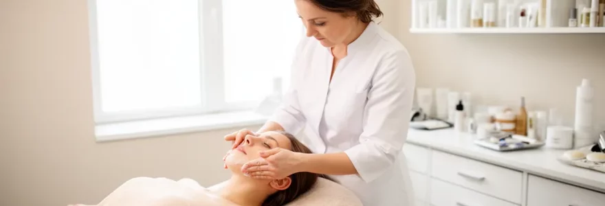 Esthéticienne appliquant un soin sur le visage d'une cliente allongée dans une cabine lumineuse