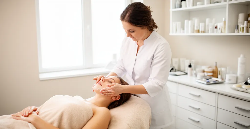 Esthéticienne appliquant un soin sur le visage d'une cliente allongée dans une cabine lumineuse